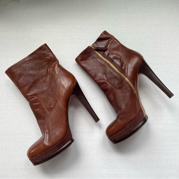 Nine West Addlana leather boots platform spike heel ankle zip round toe brown - Picture 1 of 13